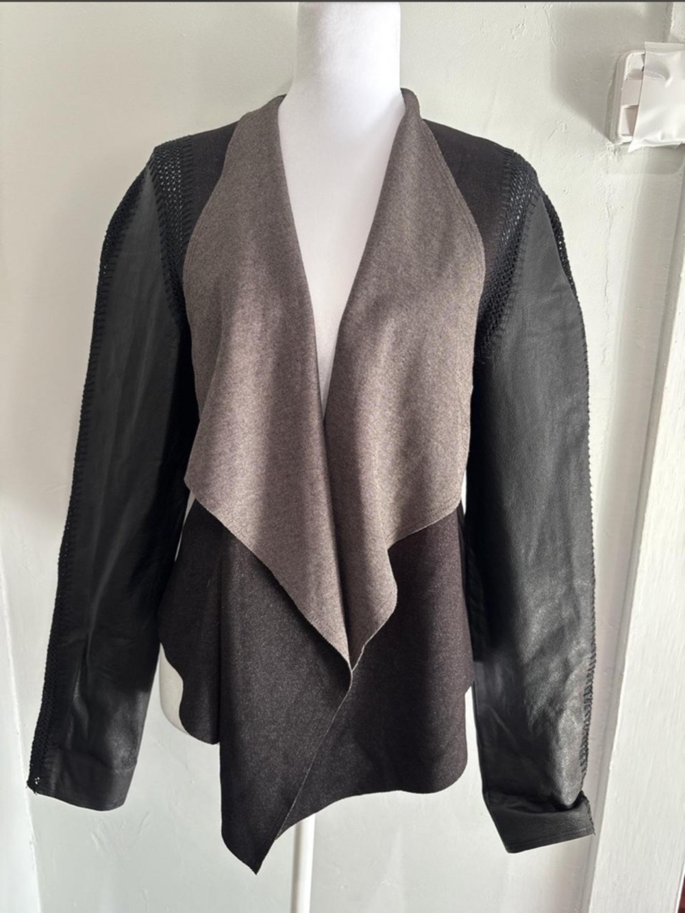 Stella & Jamie Two-Tone Draped Leather-Trim Jacket - Grey & Black